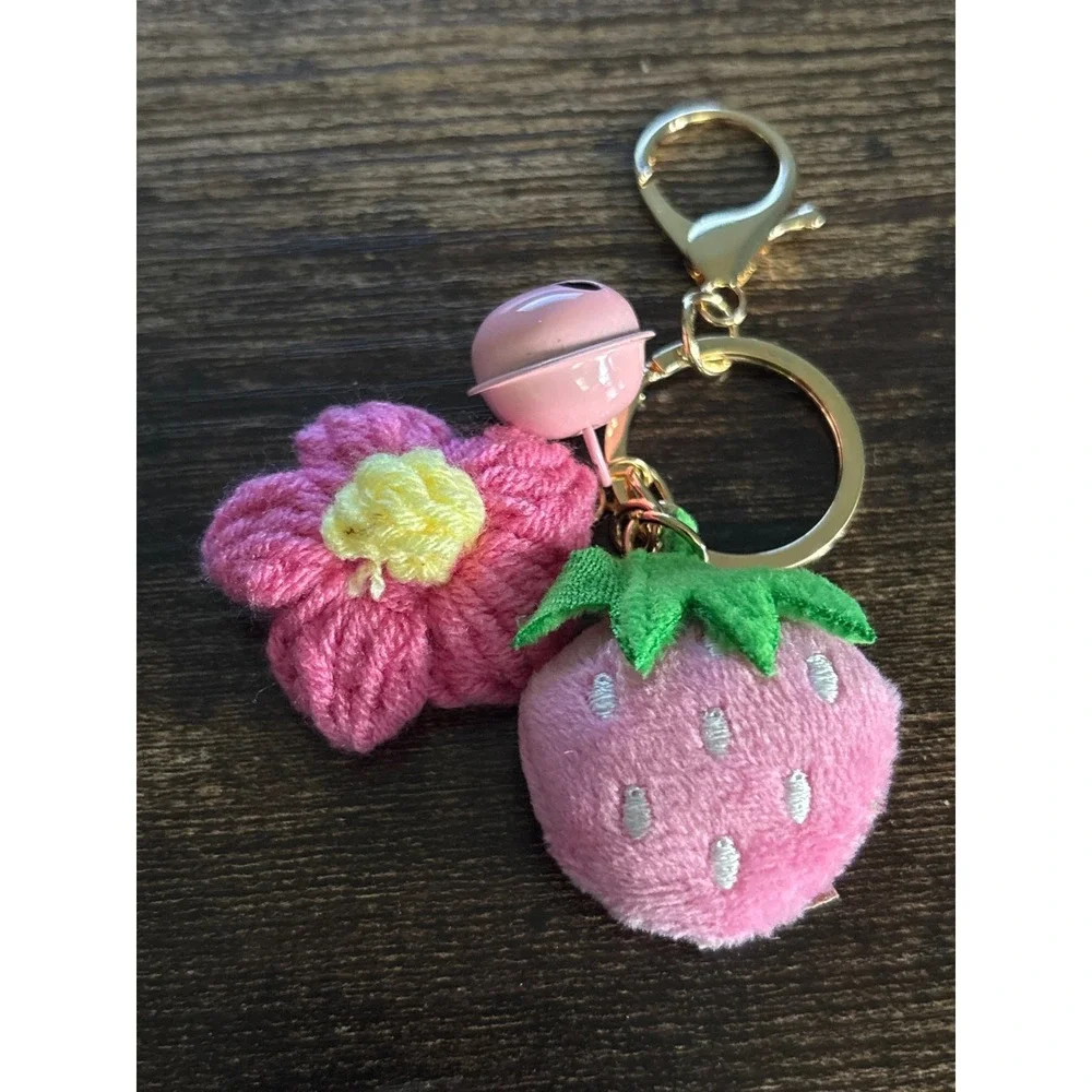 Handmade Pink Strawberry and Flower Plush Keychain with Bell Gold Tone Hardware